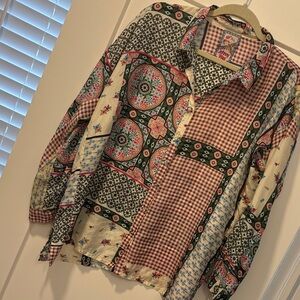 Johnny Was Multicolor Patchwork Button-Down Shirt